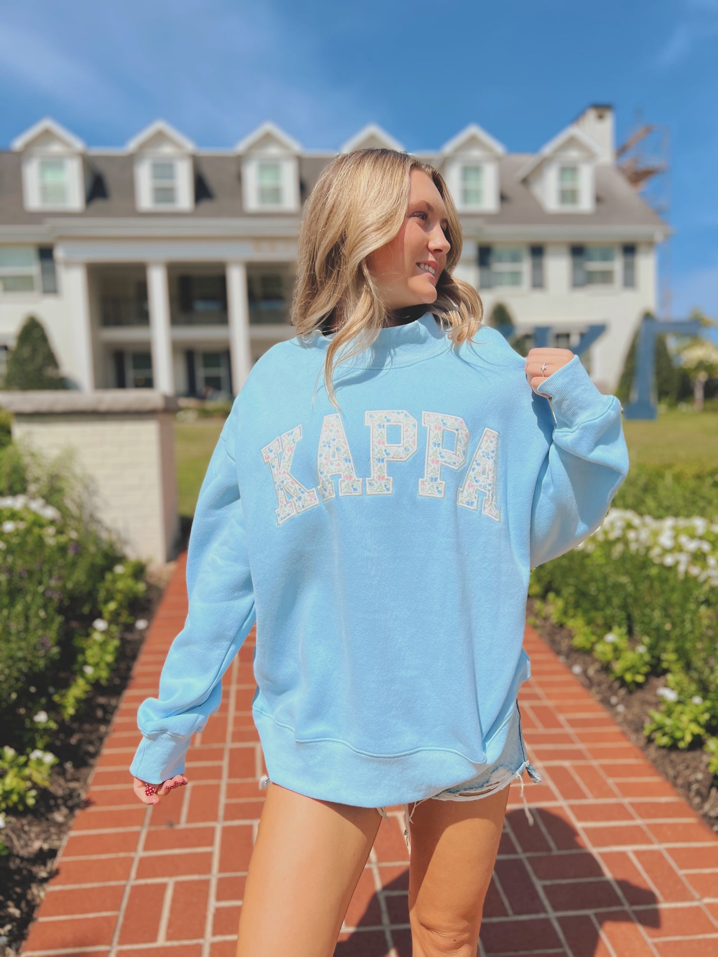 PRE-ORDER: Greek Floral Embroidered Mock-Neck Sweatshirt