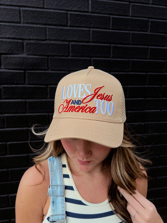 Loves Jesus And American too Vintage Trucker Hat