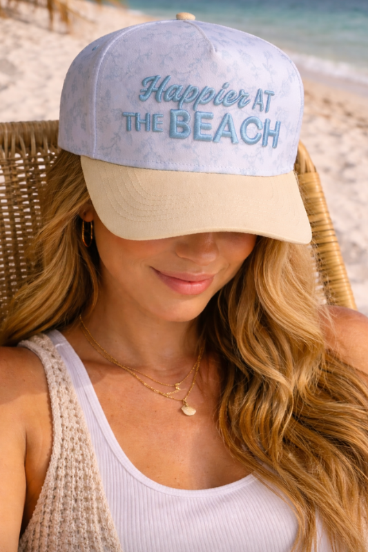 PREORDER: Happier At The Beach Vintage Trucker Hat