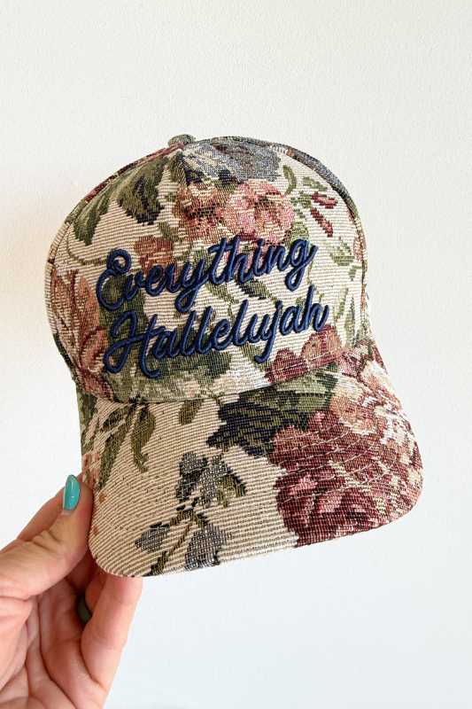 Everything Hallelujah Embroidered Floral Tapestry Trucker Hat