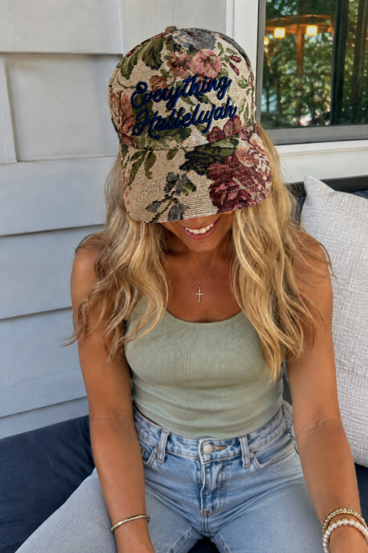 Everything Hallelujah Embroidered Floral Tapestry Trucker Hat