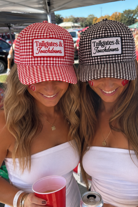 Tailgates & Touchdowns Gingham Trucker Hat-Black